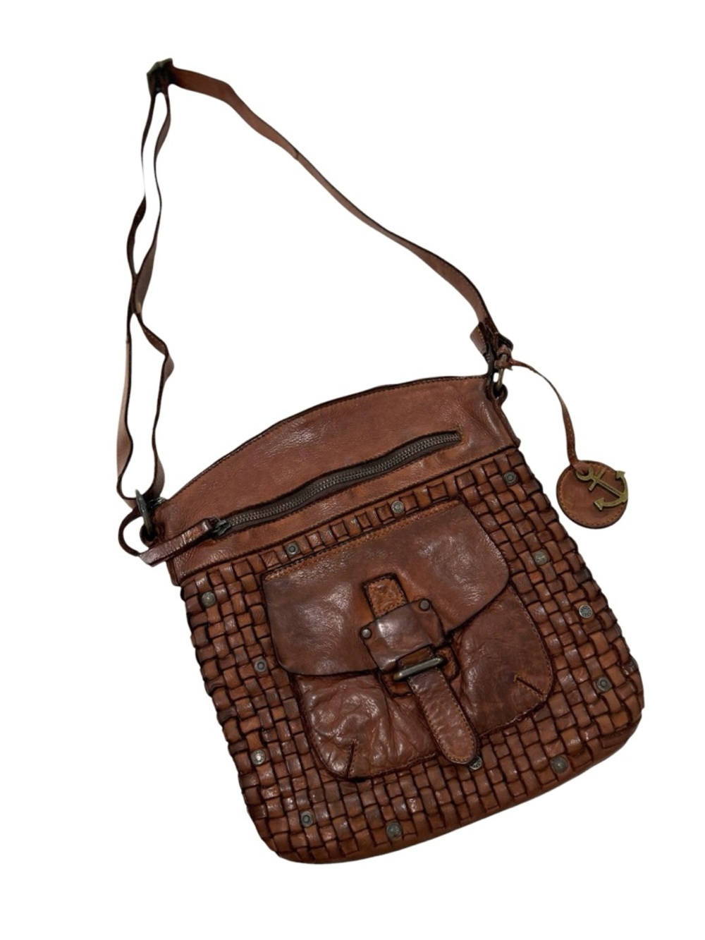 Harbour 2nd Woven Cognac Leather Crossbody Handbag Anchor Tag Flap Pocket